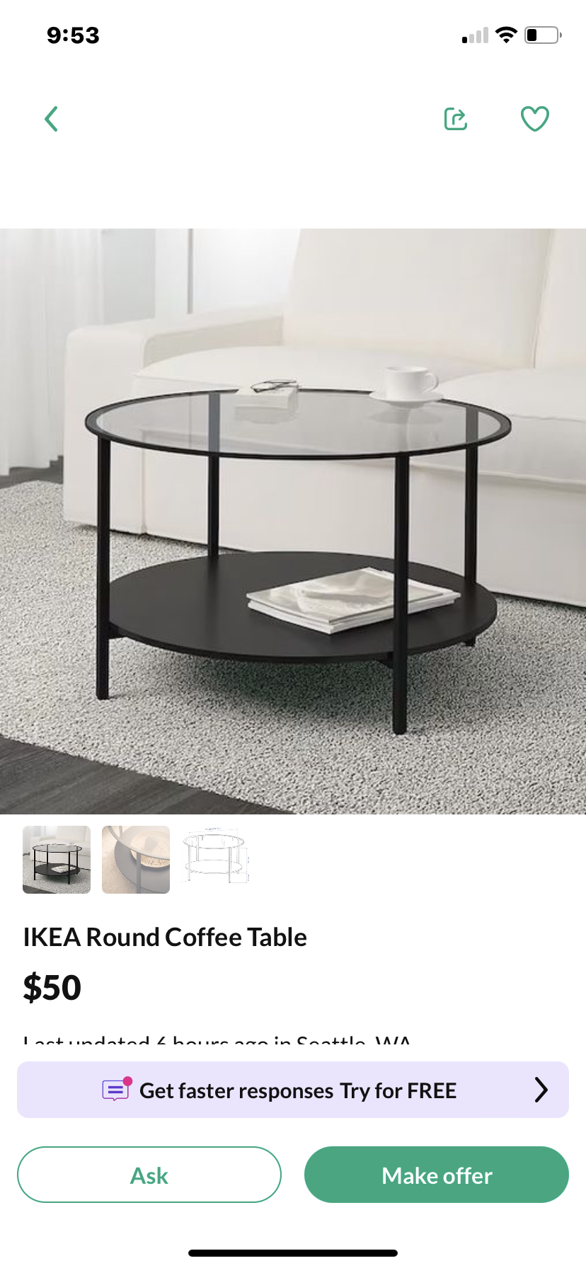 Modern Round Coffee Table With Glass Top And Matte Black Metal Base 29.5”