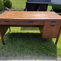Mid Century Danish Modern Teak Writing Desk w/ Woven Wicker Front by Sligh Lowry