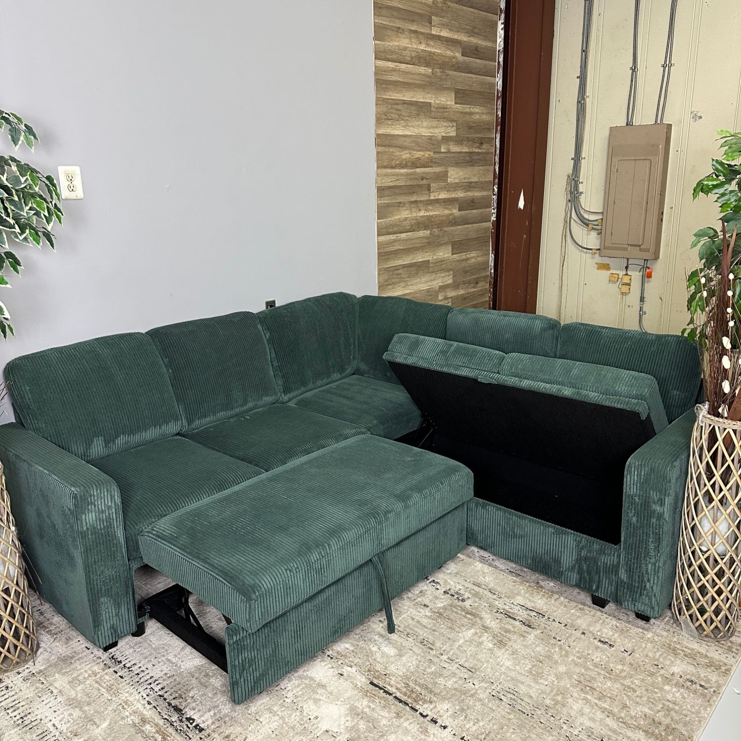 Green Corduroy Sectional With Sleeper + Storage - Delivery Available