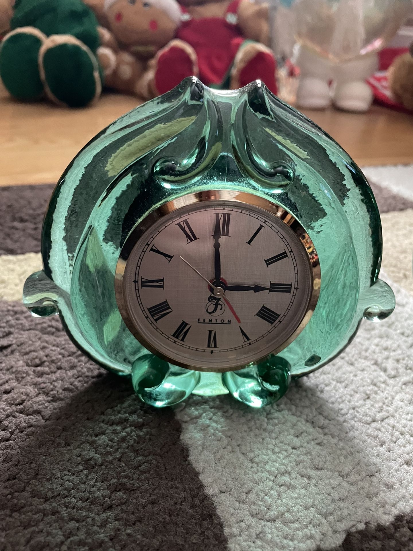 Fenton Green Glass Clock With 2 Small Oval Picture Holders