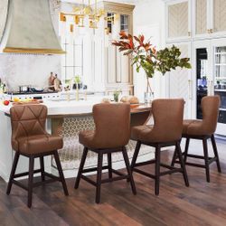 Set of 4 Barstool, Swivel Counter Stool, 26” Height Bar Stools Brown Faux Leather