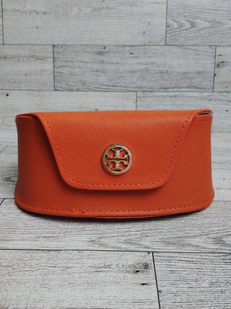 Tory Burch Orange Sunglass Eye Glass Case Faux Leather Cream Interior