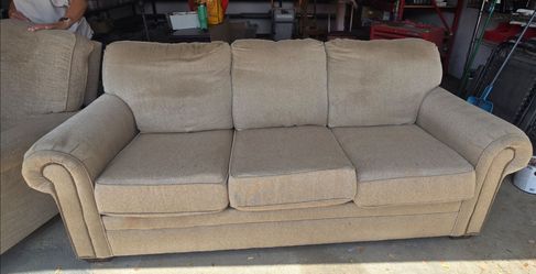 Flexsteel Beige Fabric Sofa with Nailhead Trim