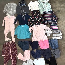  30 Pieces of 12 Months Girls Long Sleeve Clothing - Includes Shirts, Pants, Etc.