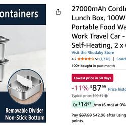 Cordless Electric Heated Lunch Box, 100W Rechargeable Portable Food Warmer for Adults
