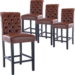 Kmax Counter Height Bar Stools Set of 4 Tufted Leather barstools Mid Century Wood Bar Stools with Back for Kitchen Island Indoor, Brown
