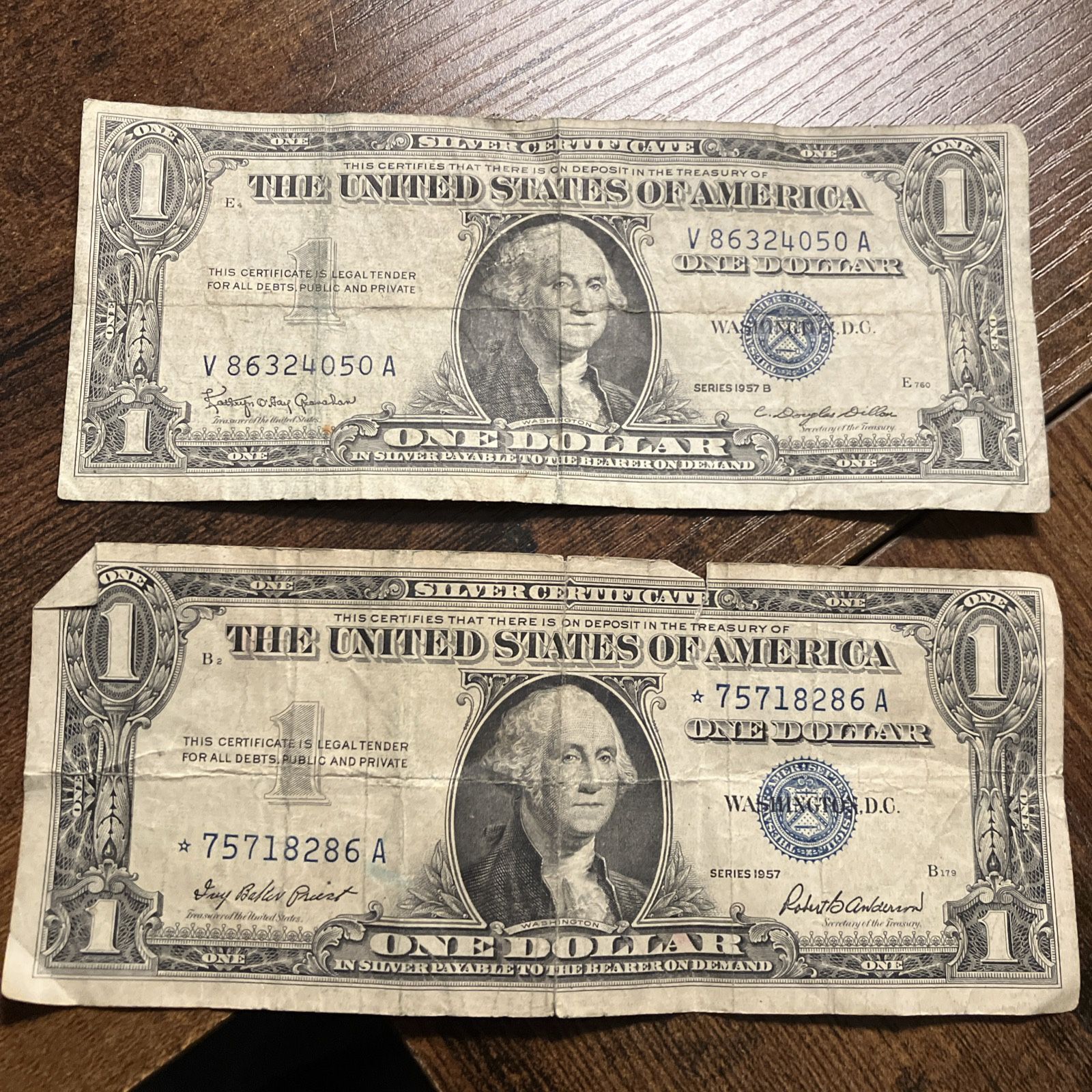 1957 $1 Star note Silver Certificate & 1957B $1 Silver Certificate