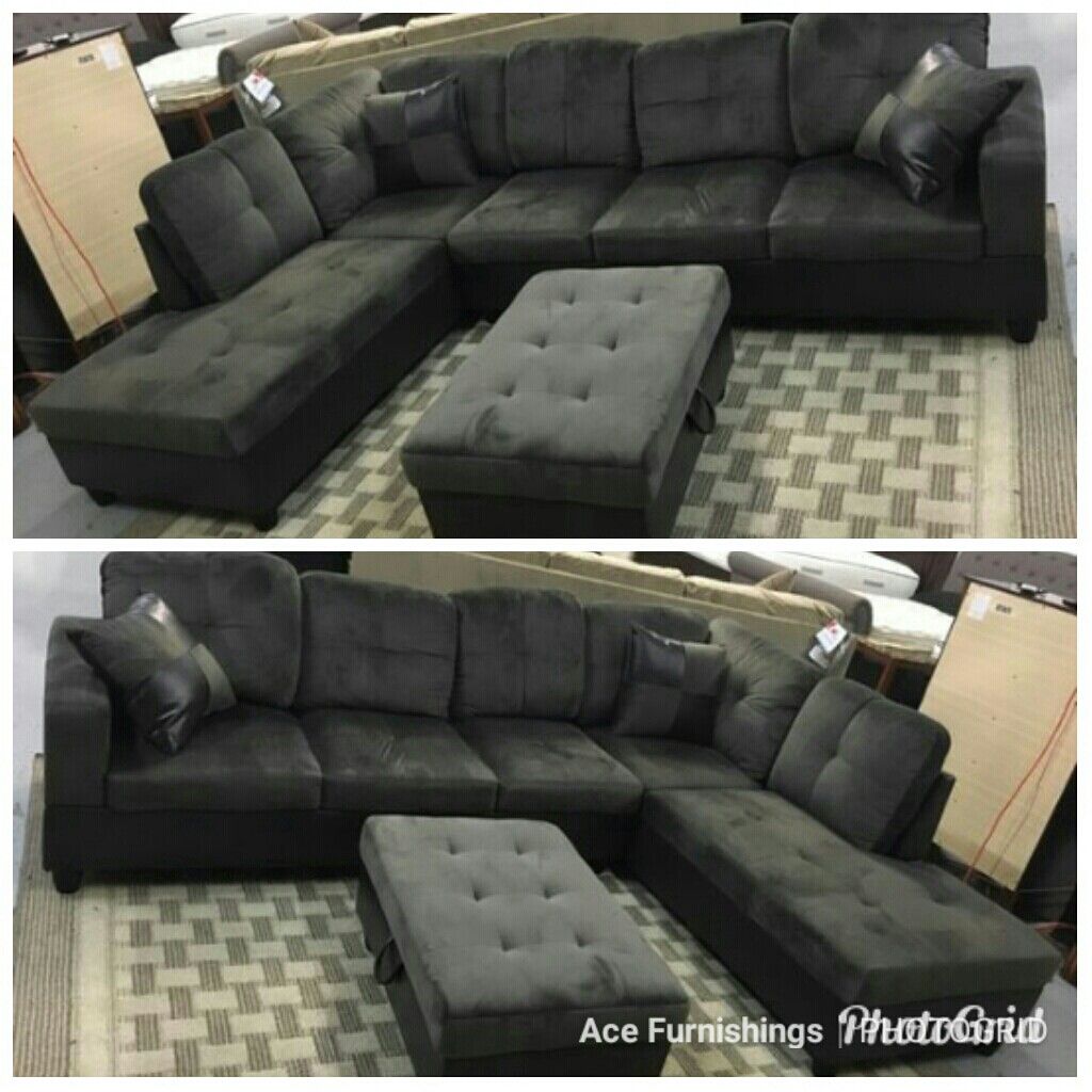 Brand New Charcoal Grey Microfiber Sectional With Storage Ottoman & Tax Free