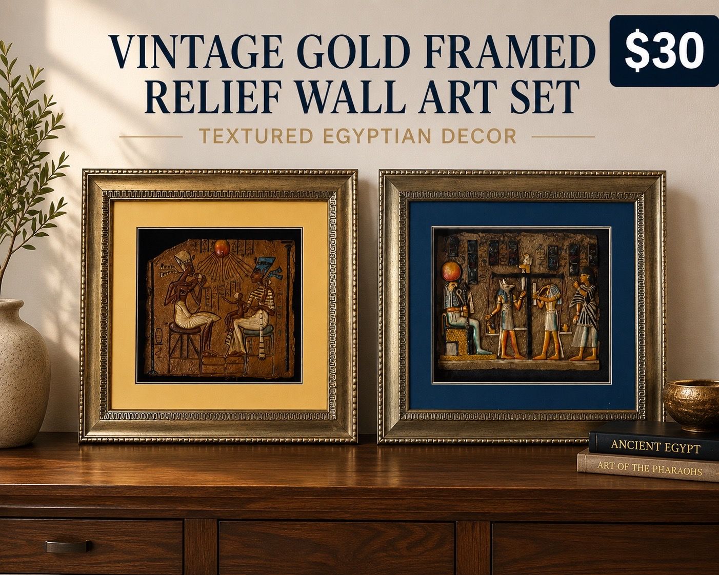 Vintage Gold Framed Relief Wall Art Set – Textured Egyptian Decor