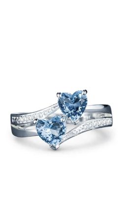 New Double Heart Blue Stone Ring Silver Size 6-10.5
