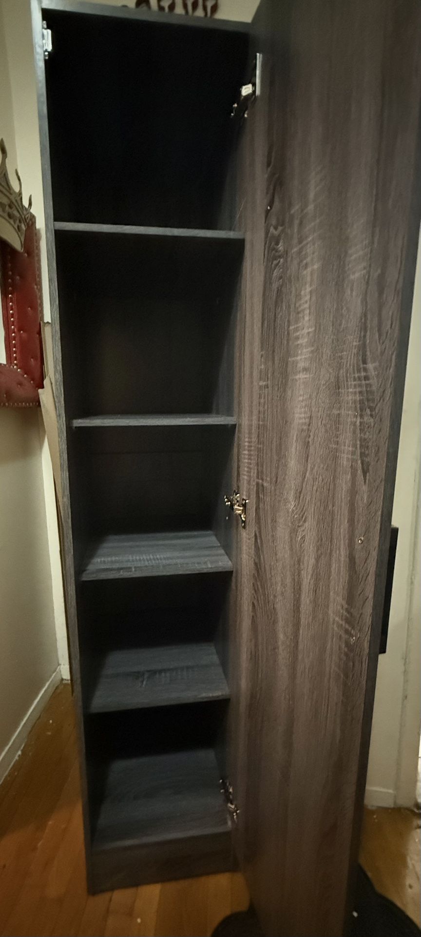 6’ Tall Gray Cabinet With 5 Shelves & Mirrored Door