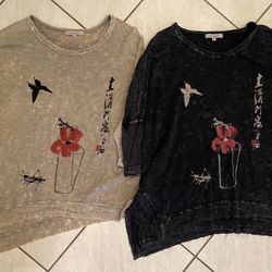 Jess & Jane 2pk Mineral Wash Butterfly Mantis Graphic Tunic Tops XL 100% Cotton