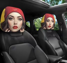Cool 3D Print Woman In Red Beanie Car Headrest Covers