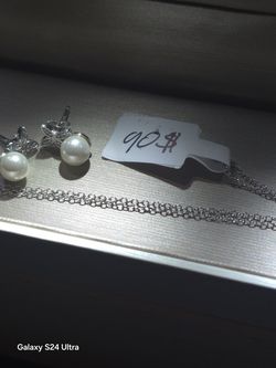 925 silver peral necklace & earrings set 100% plata