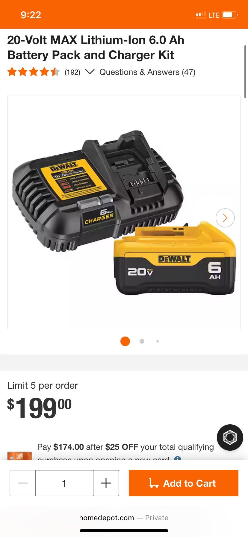 20-Volt MAX Lithium-lon 6.0 Ah Battery Pack and Charger Kit