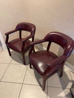 Set of 2 Burgundy Leather Barrel Accent Chairs – Solid Wood | Classic Office, Living Room or Waiting Room Chairs