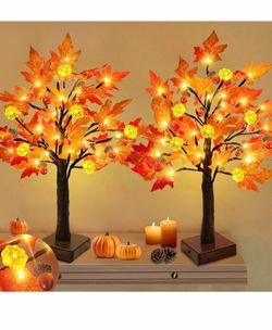 Thanksgiving Decorations, 2-Pack 24-Inch Pre-Lighted Lights, Autumn Maple Tree Lights, 48 LED Table Lights, Acorn Pumpkin Lights, Battery Operated,