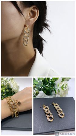 European Style Multilayer Pendant Crystal Chian Bracelet and Earrings, Gold Color