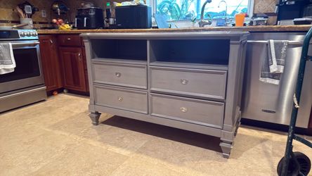 Gray Wood Dresser with Open Shelves