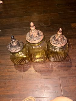 set of 3 Amber Ribbed Glass Canisters