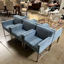 Dakota Jackson Blue Velvet Lounge Chairs – Modern Steel Sled Base Armchairs - 6 Available(23.5″)