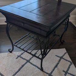 Dark Wood & Iron Accent Side Table – Excellent Condition