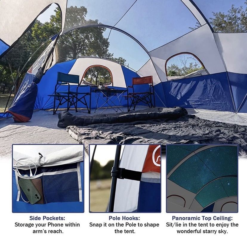 HIKERGARDEN 10 Person Camping Tent - Portable Easy Set Up Family Tent for Camp, Windproof Fabric Cabin Tent Outdoor for Hiking, Backpacking, Traveling