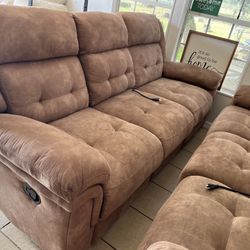 2 Brown Recliner Couches W/Center Console Charging Station