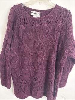 VTG Jennifer Reed Hand Knitted Purple Cable Knit Sweater Leaf Textured Medium