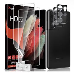 Designed for Samsung Galaxy S21 Ultra 5G, 2 Pack Flexible TPU Screen Protector + Camera Lens Protector, Support Fingerprint Unlock, Easy Installation,