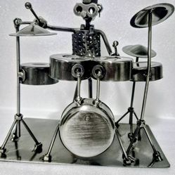 Welded Metal Nuts and Bolts Drummer Figurine