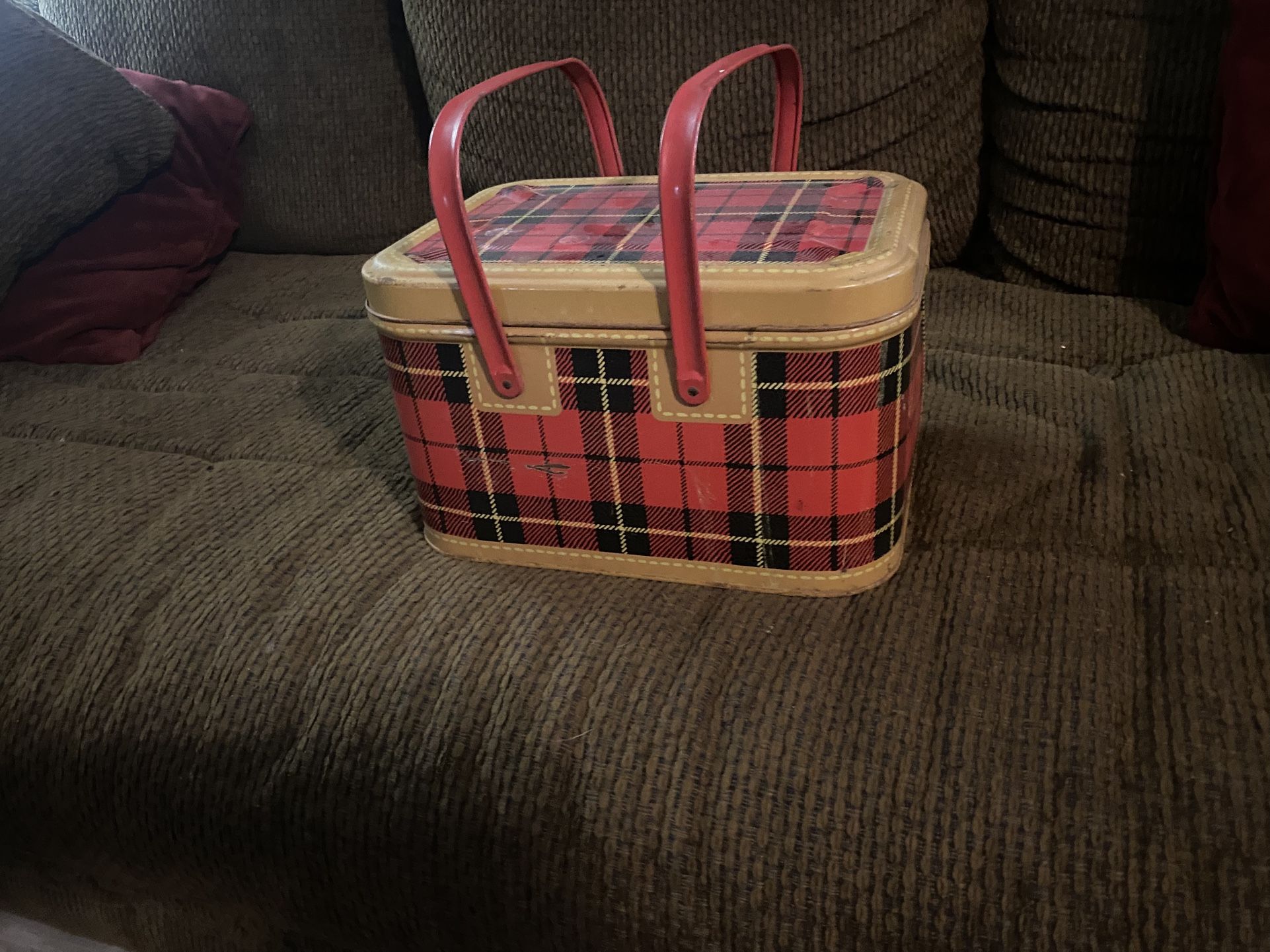Vintage Metal Picnic Basket Mid Century Red Black Yellow Plaid double handles