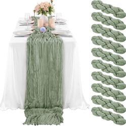 10 Pcs Sage Green Cheesecloth Table Runner 10FT, Gauze Table Runner for Wedding Reception Sheer Bridal Shower Birthday Party Boho Table Decoration, Ru