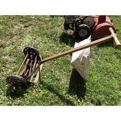 Antique Push Mower W/cloth Bag