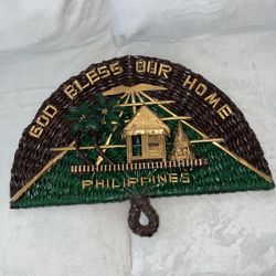 Vintage 3D Straw Leaf Palm Tree Fan Wall Decor "GOD BLESS OUR HOME" PHILIPPINES