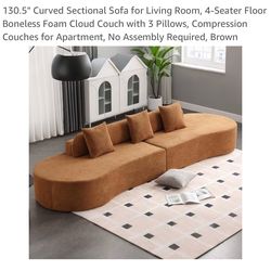 Curved Sectional Sofa for Living Room, 4-Seater Floor Boneless Foam Cloud Couch with 3 Pillows, Compression Couches for Apartment