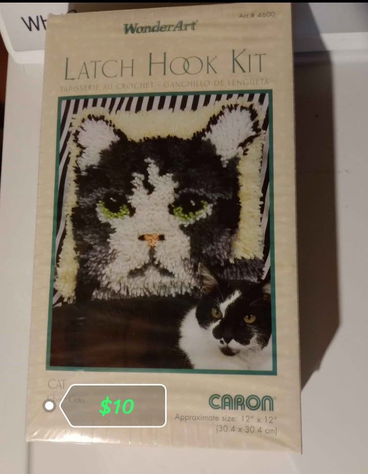 New in box Wonderart Caron Cat Chat Gato latch hook kit #4600 12" x 12" USA