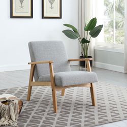 Mid Century Armchair with Wood Frames Linen Upholstered Accent Chair for Living Room