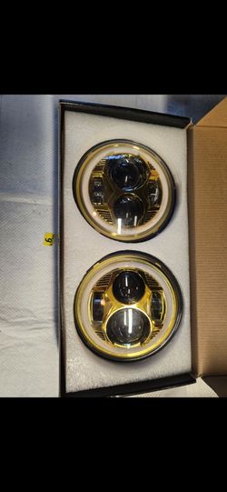 Round LED Headlights Pair Gold Chrome