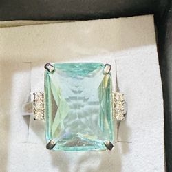 Emerald Cut4.95 Radiant Genuine Aquamarine Surrounded..46 Round Cut Diamonds Set In 925 Sterling Silver Brand New Gorgeous Anniversary  Engagement Wed