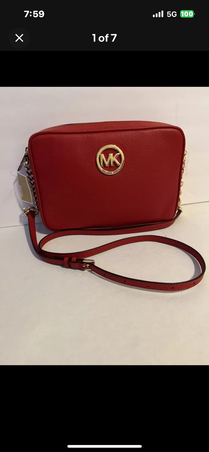 Michael Kors Fulton Chain Shoulder Bag Flame Red Leather