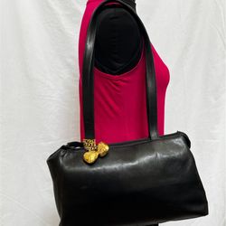 Large Heart Bag Charms On Black Leather Shoulder Bag By Carey Adina