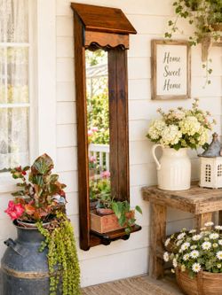 Vintage Rustic Scalloped Wood Cottage Charm Wall Mirror With Shelf