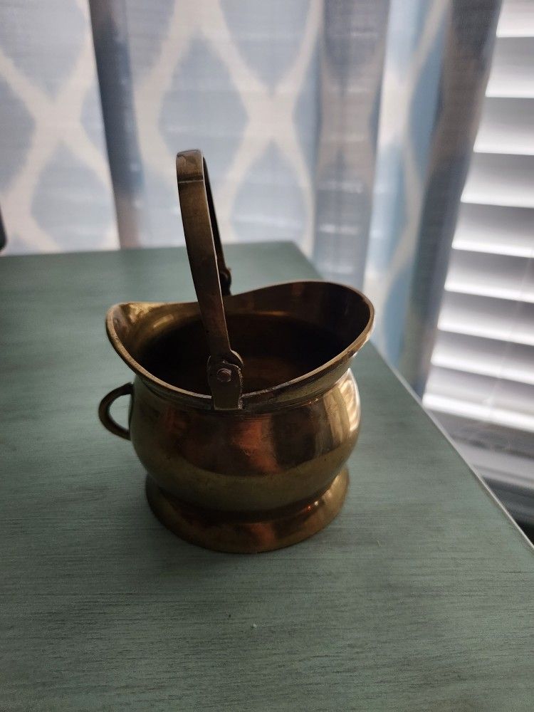 Vintage Brass Scuttle Bucket With Hinged Handle