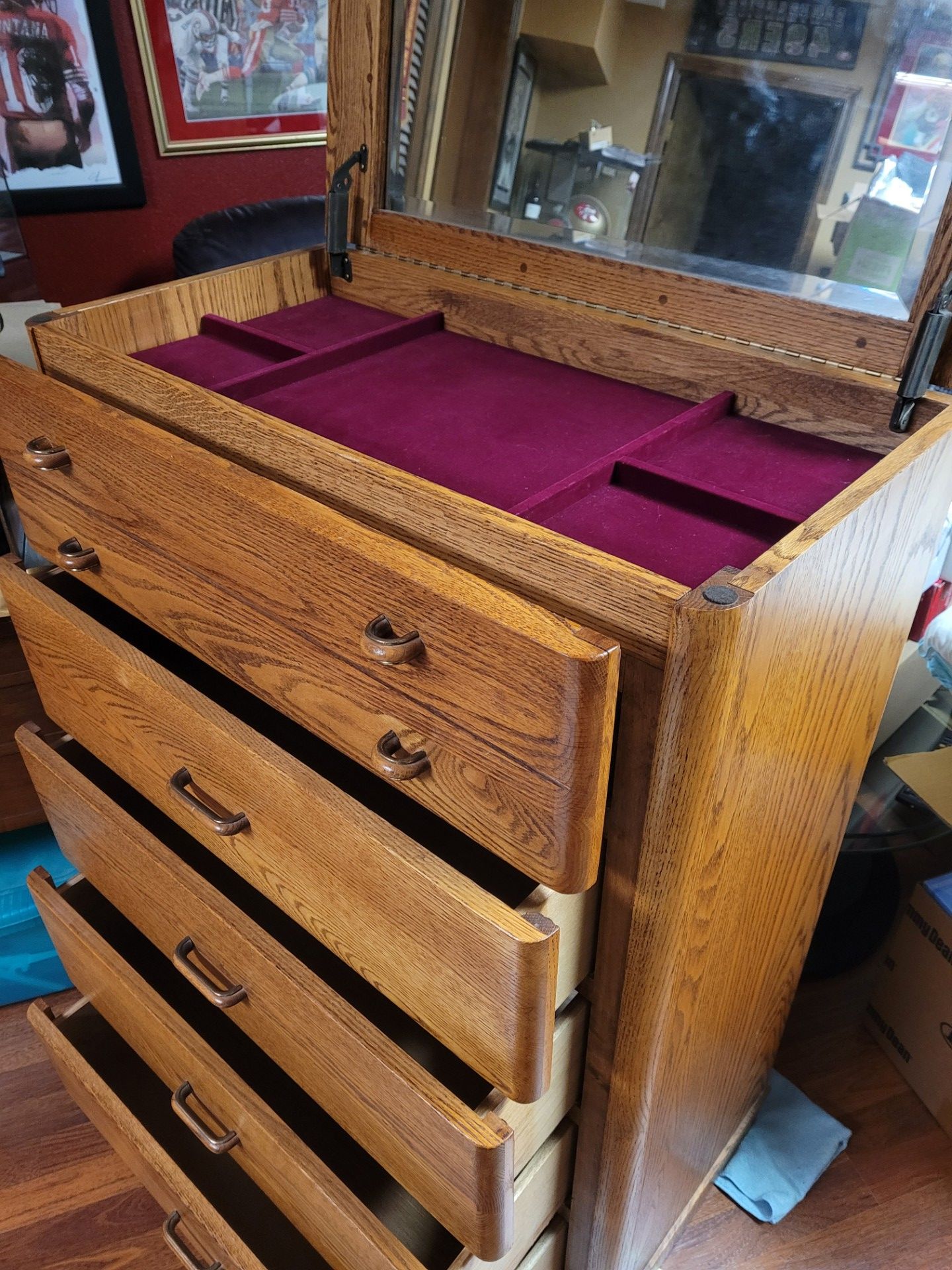 Oak Tallboy Chest Of Drawers Dresser 5 Drawers With Velvet Lined Lift Top Storage And MIirror