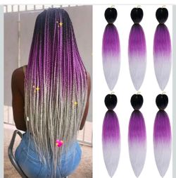 6 Pcs  Ombre Braiding Hair Professional Crochet Braiding Hair for Box Braids Twist Hair Extensions(Black/Purple/Gray)