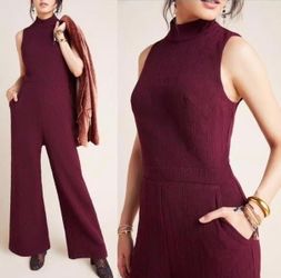 Burgundy Sleeveless Mock Neck Wide-Leg Jumpsuit