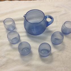 Antique Blue Glass Pitcher And Glasses
