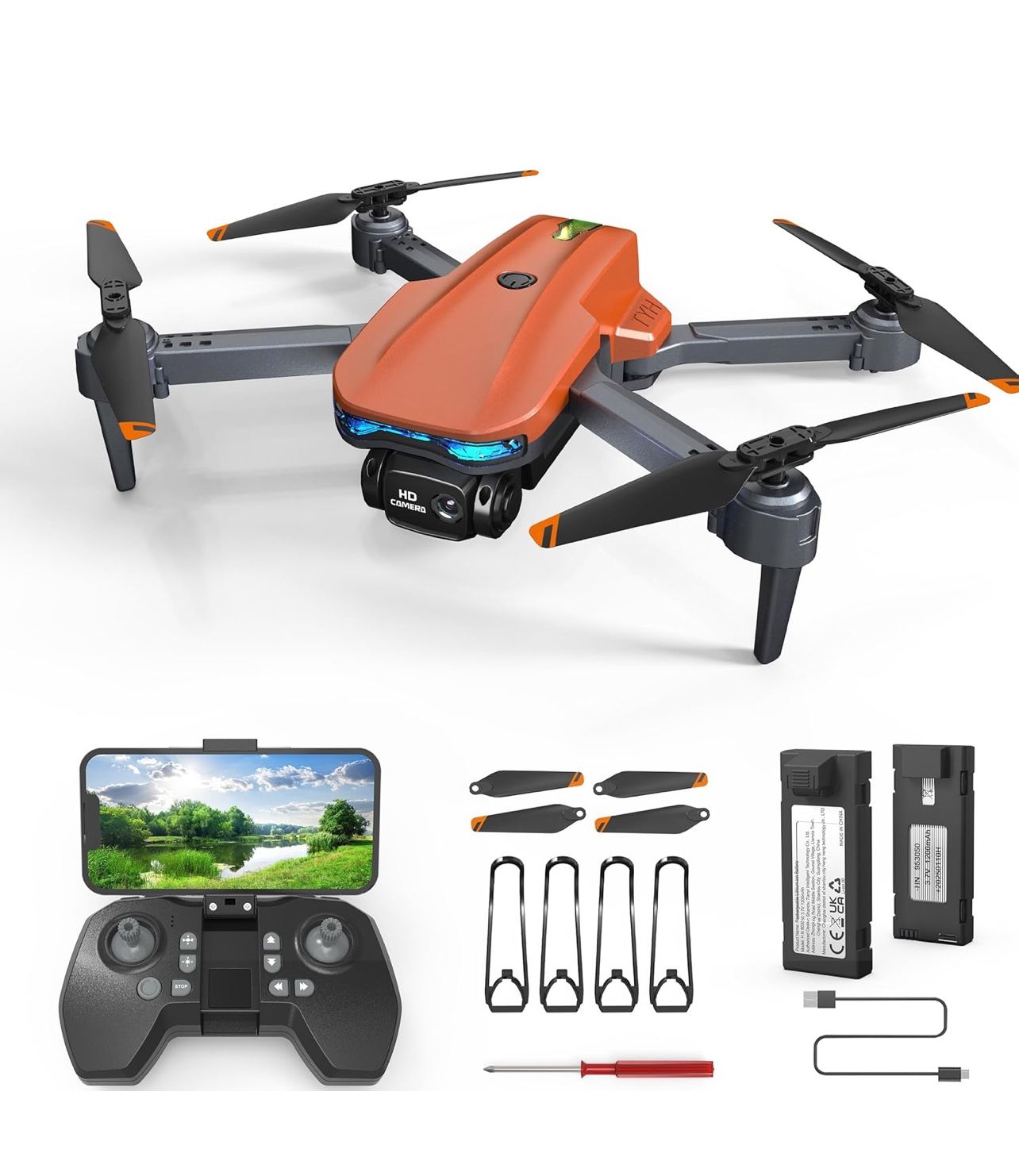 Drone with Camera for Kids - w/2 Batteries and Storage Case, Toy for Boys Girls (Orange)
