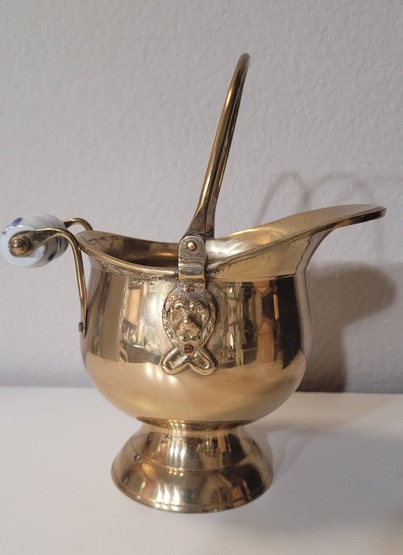 Vintage Brass Coal Scuttle Bucket with Blue and White